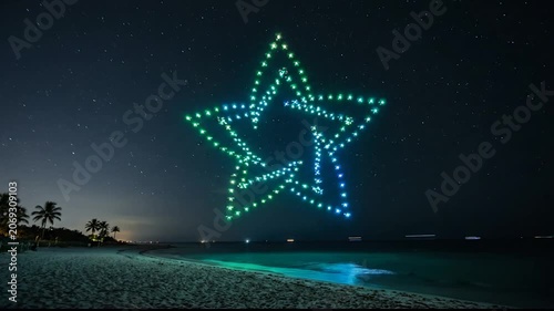 Drones forming a glowing star shape over a tropical beach at night