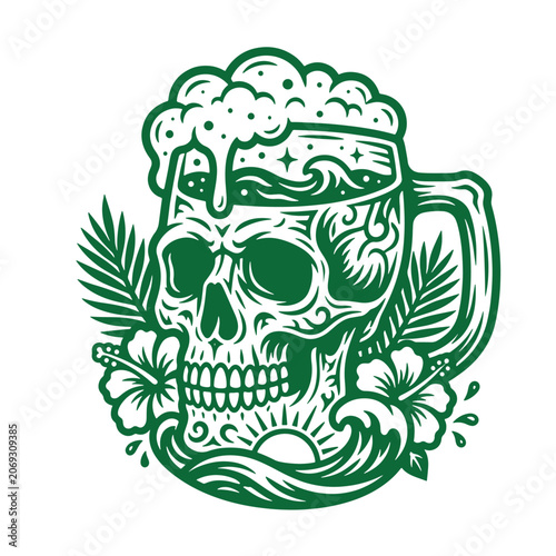 A green line of a beer mug shaped like a skull, overflowing with foam, decorated with palm leaves, hibiscus flowers, and ocean waves, isolated on a white background