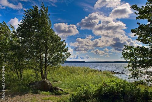 The shore of the Gulf of Finland against the background of the sky and clouds
