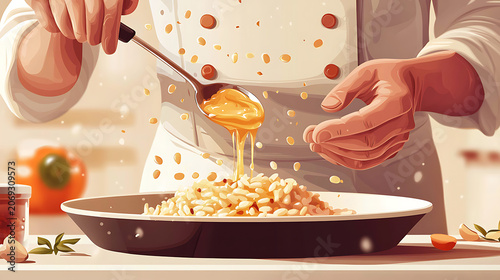 A chef is pouring sauce over pasta in a kitchen with a spoon.