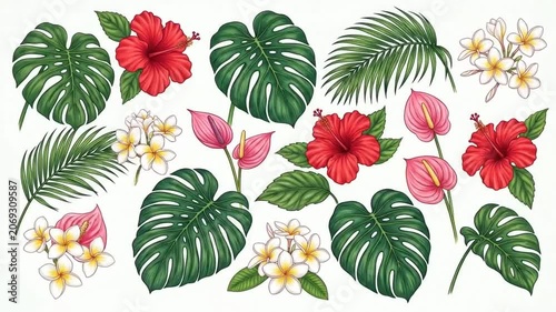 Tropical flowers and monstera leaves set isolated on white background