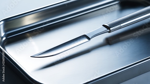 Surgical Scalpel Resting on Metal Tray in Sterile Environment  