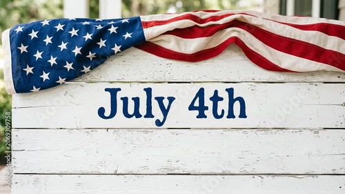 American flag draped over white rustic wooden fence with copy space