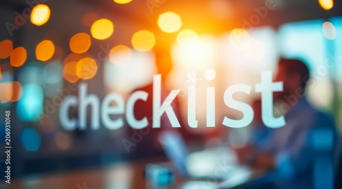 business word - checklist, on the glass door in the office
