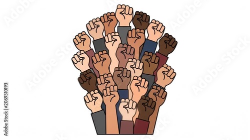 Diverse raised fists in protest illustration on white background