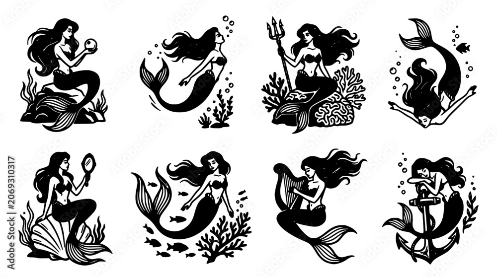 Obraz premium Mermaid Tattoo Icons Set with Ocean Waves Seaweed and Shells, Monochrome Fantasy Illustration for Nautical Designs