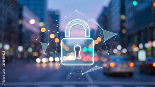 Digital padlock icon glowing over blurred city street at night representing cybersecurity