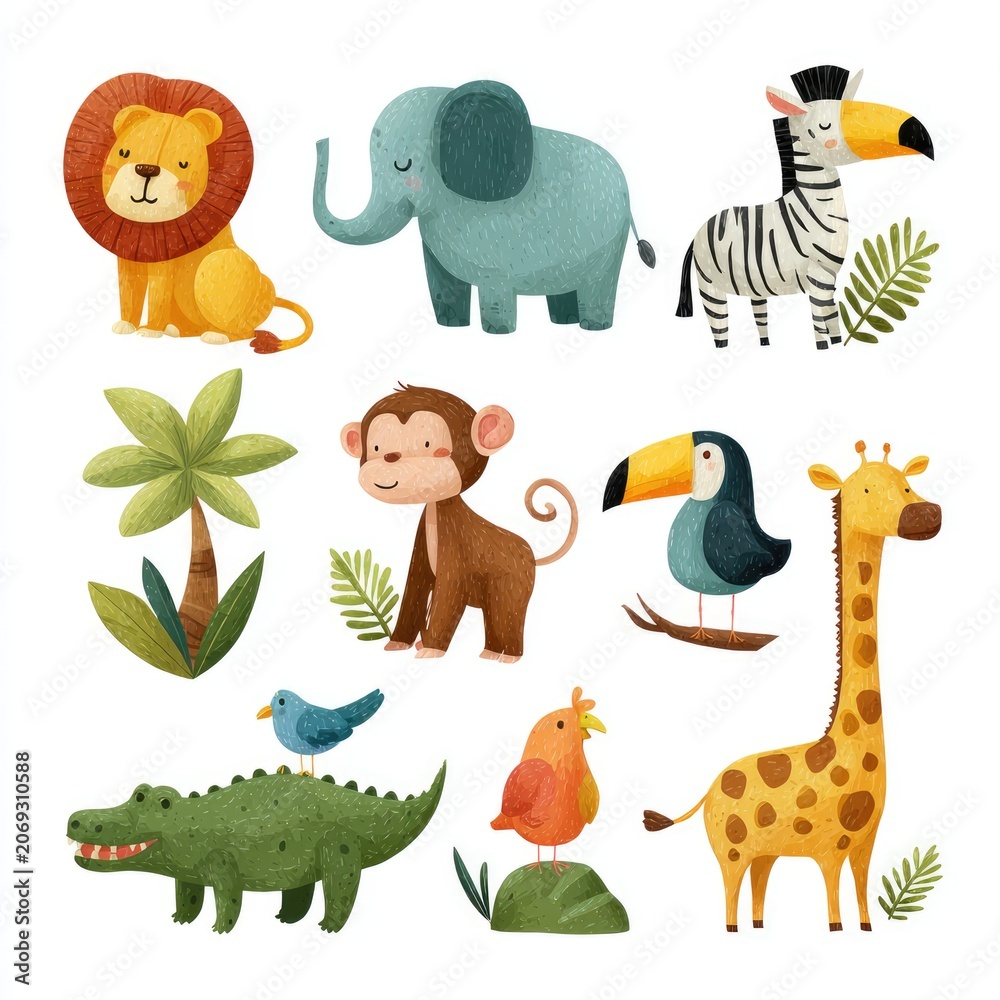 Obraz premium Cute cartoon animals in a jungle setting (6)