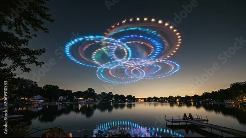 Drone light show creating colorful circular patterns over a calm lake at night
