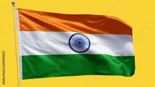National flag of India waving on flagpole against yellow background