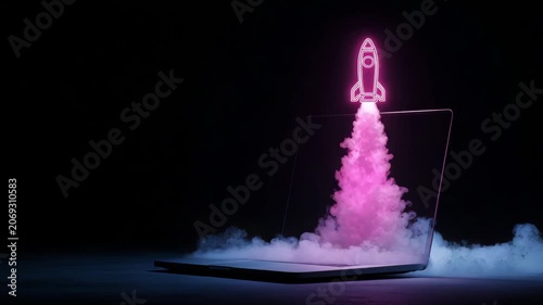 Laptop with a neon rocket take off from it, surrounded by smoke against a dark background and illuminated by a pink light.