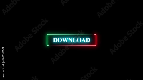 Neon download button with glowing light effect on black background.