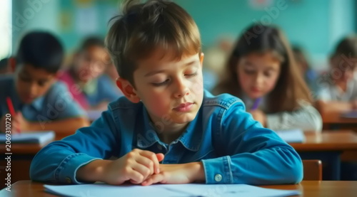 A boy falls asleep at his desk during class.