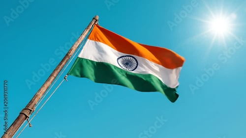 National flag of India waving on wooden pole under bright sun and blue sky