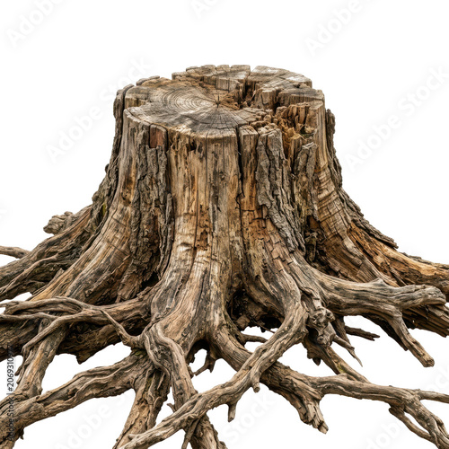 Realistic tree stump png detailed wood texture with exposed roots isolated on transparent background