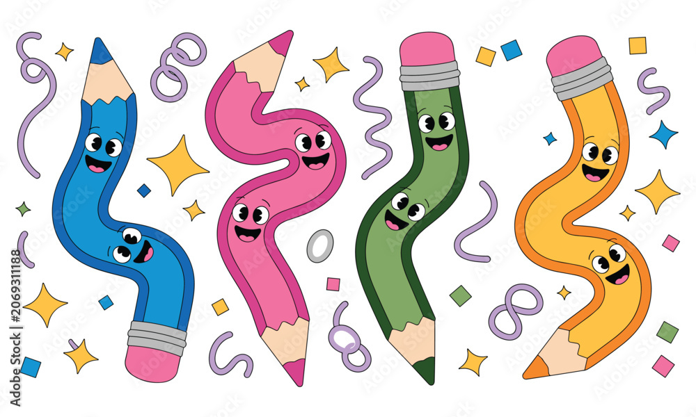 Obraz premium Four colorful wavy pencils with happy cartoon faces and smiling expressions surrounded by festive confetti and bright yellow star shapes