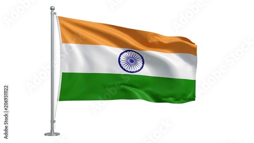 National flag of India waving on silver flagpole against white background