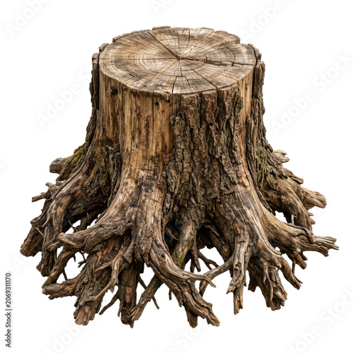 Tree stump png detailed wood stump with roots isolated on transparent background for digital art