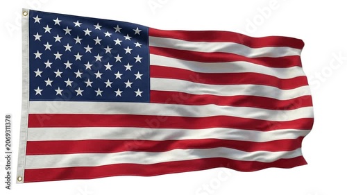 Waving United States national flag against clear white background.