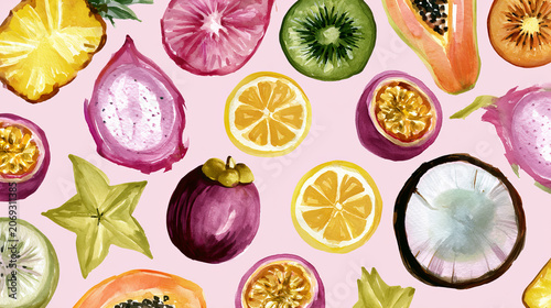 Watercolor tropical fruit pattern on pink background featuring pineapple, dragon fruit, papaya, kiwi and citrus. Hand painted summer food illustration for fabric, wallpaper and packaging.