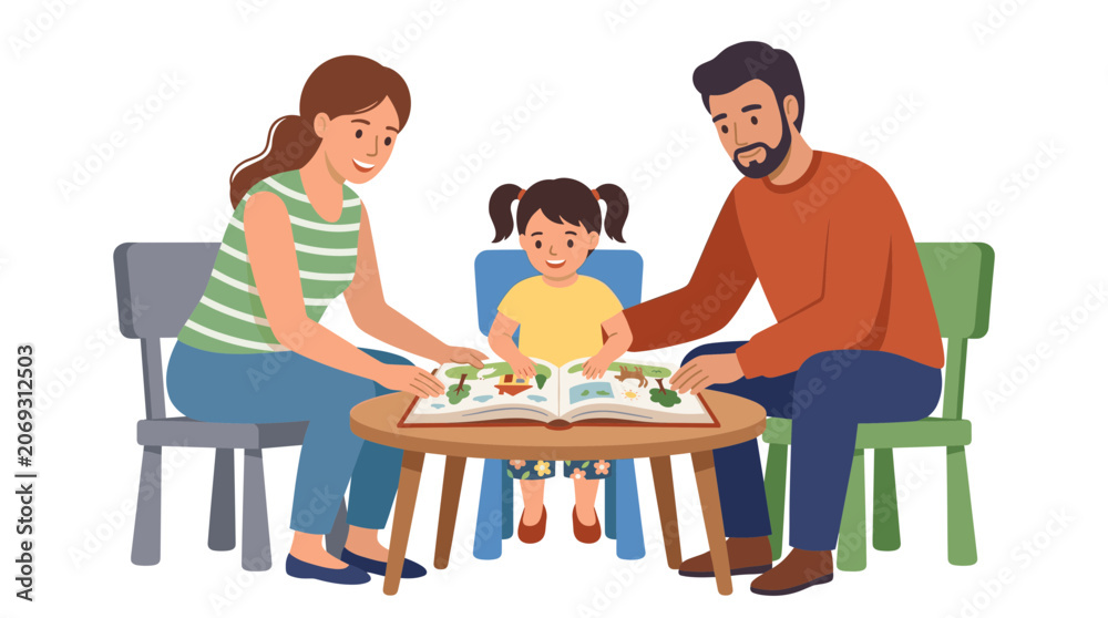 Fototapeta premium Happy family reading a book together at a table, parents and child enjoying story time indoors