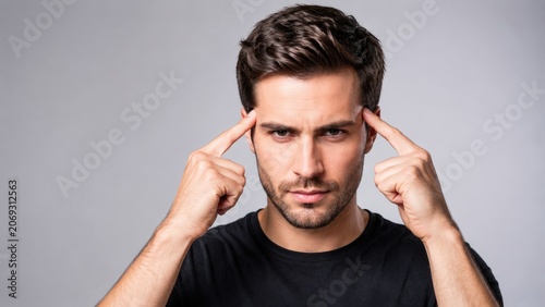 Focused young man pointing at temples with intense expression concept of concentration memory thinking and mental focus