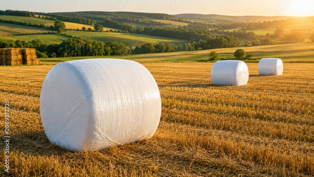 Fototapeta premium White wrapped hay bales on harvested field at golden sunset in rural countryside landscape