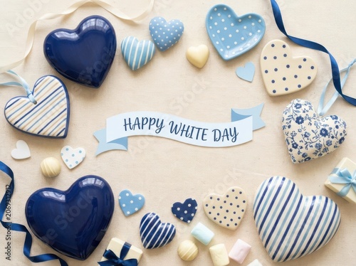 A Festive Flat Lay Featuring Beautiful Blue And White Heart Shaped Decorations