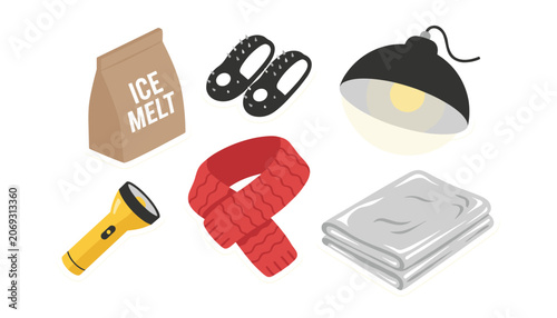 Winter emergency survival kit items including flashlight, red scarf, and blanket on white background.