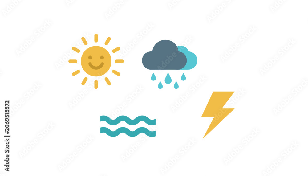 Obraz premium Weather icons set with sun, rain cloud, waves, and lightning bolt on white background.