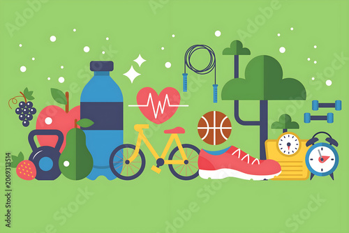 Healthy Lifestyle and Fitness Conceptual Flat Illustration with Icons