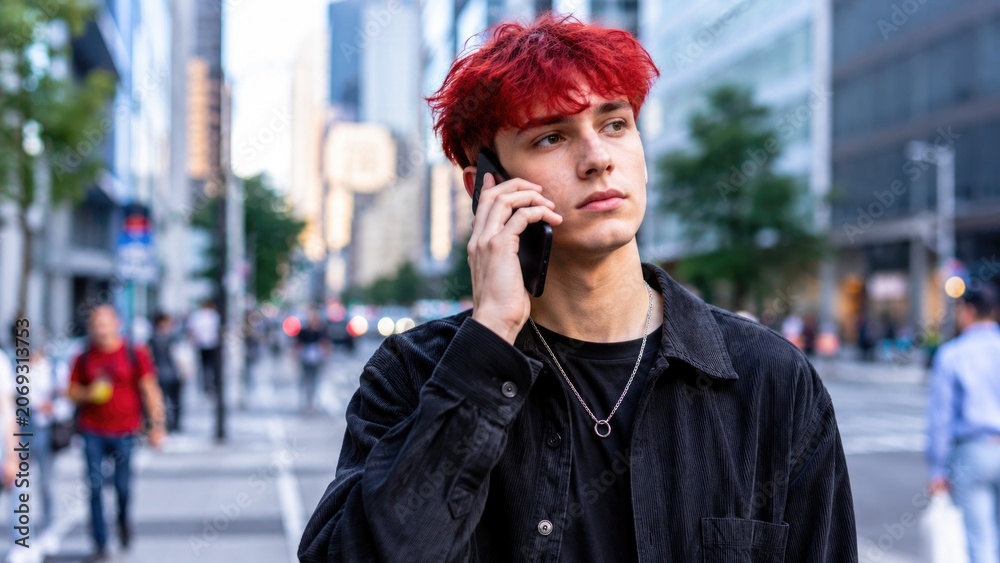 Fototapeta premium Young man with red hair talking on smartphone in modern city street