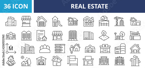 Real Estate Property web banner icon set outline vector illustrations concept with icon property, mortgage, investment, home, house, business, residential