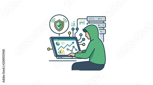 Hacker in green hoodie working laptop.