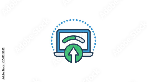 Laptop with green upload symbol on screen.