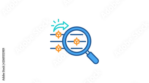 Magnifying glass with colorful symbols.