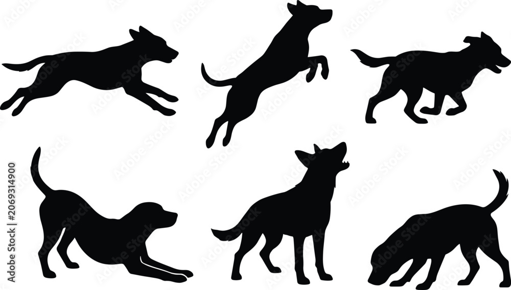 Fototapeta premium Dog Silhouette Collection with Running Jumping Playing Howling and Sniffing Poses