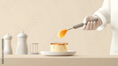 Chef drizzles sauce on dessert with spoon in kitchen counter