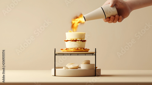 A hand holds a blowtorch to caramelize sugar on a dessert atop a metal stand.