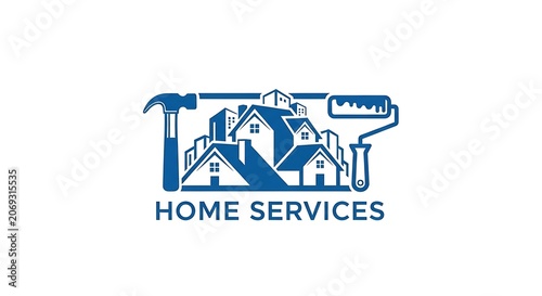 Blue home services logo with houses, hammer, and paint roller