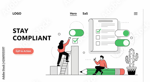 Stay compliant business website landing page layout for SaaS with people working on checklist task