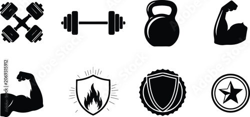 Photos Set of black and white fitness and strength training icons featuring weights dum