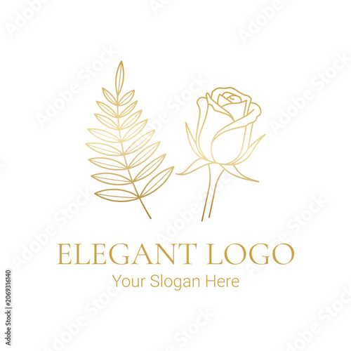 Luxury gold rose and leaf branch logo design with minimalist botanical line art template