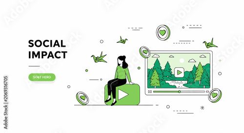 Social impact video layout illustration with girl nature heart icons and forest player for environmental awareness and global change