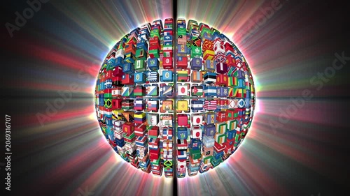 Flags of the World Sphere Rotating, shine, Luma Matte
