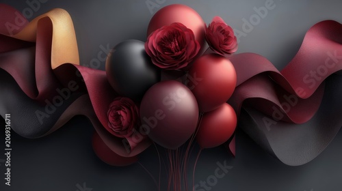 Luxurious burgundy balloons and roses with ribbon for elegant event promotion.
