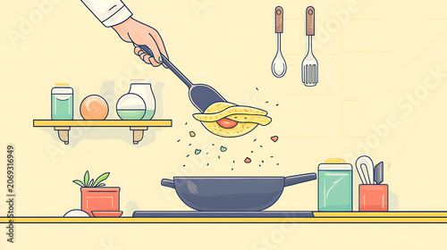 A person cooking an omelet with vegetables in a kitchen interior scene