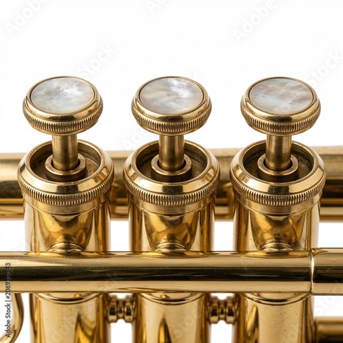 Close-up of brass trumpet valves with shiny metal finish  