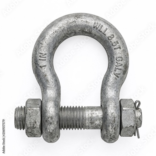 Steel bracket with a large threaded bolt and nut on white background  