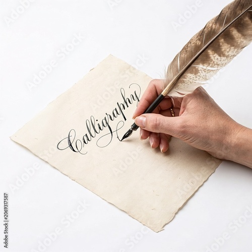 Calligraphy writing with feather pen on textured paper background  